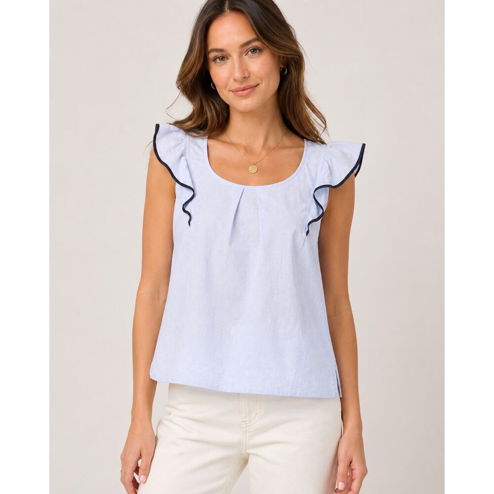 J.Crew Blue Cotton Ruffle Sleeve Blouse Black‎ Trim Size 4